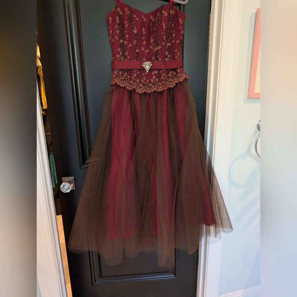 Blondie Nites Strapless Burgundy and Red Formal Dress With Bodice